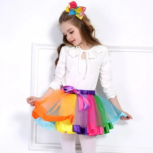 Vista 4 de BGFKS Falda de tutú de tul de ballet en capas para niñas pequeñas con lazos coloridos para el cabello, Arcoiris (Rainbow)