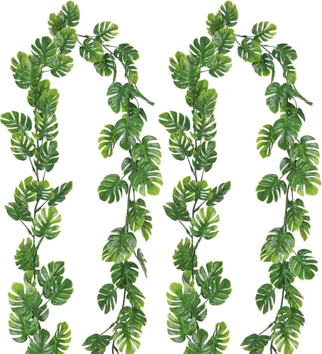 Vista 22 de RECUTMS 20LED Luces de Cadena de Hojas de Monstera, Hojas Artificiales de Palmera de Ratán Tropical, Enredadera Verde Colgante para Pared