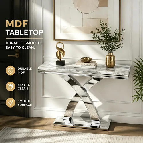 Vista 5 de AUZ Mesa consola plateada, mesa de entrada rectangular de 50 pulgadas con parte superior a rayas grises, mesa de entrada glamorosa con base en X