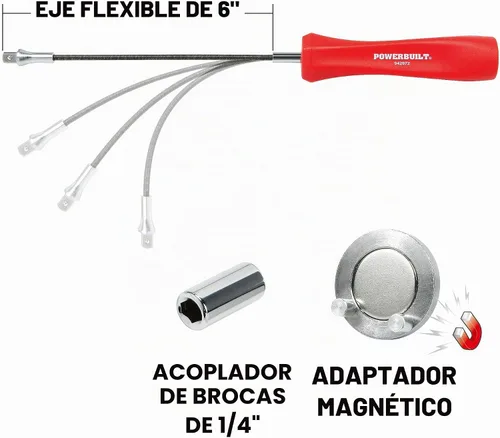 Vista 2 de Herramienta de extracción de tapón de drenaje de aceite magnético Powerbuilt, eje flexible para fácil alcance, adaptador de imán de punta hexagonal