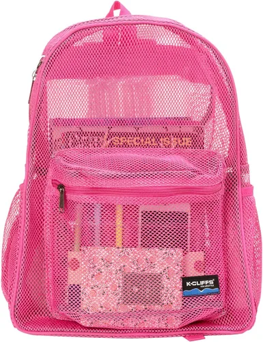 Vista 5 de K-Cliffs Mochila de malla resistente de calidad clásica para estudiantes, duradera, transparente, simple, mochila escolar de lujo, color rosa intenso