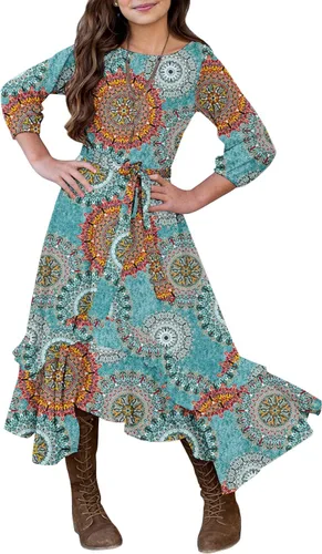 Vista 13 de MITILLY Vestido largo maxi suelto liso de manga 3/4 casual con bolsillos y volantes estilo swing con cinturón para niñas 01 Azul oscuro fultter