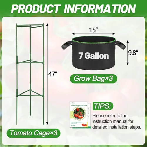 Vista 5 de ANPHSIN Jaula de tomate triangular resistente con bolsas de cultivo móviles de 7 galones, 3 juegos de macetas de enrejado de jardín de 47 pulgadas