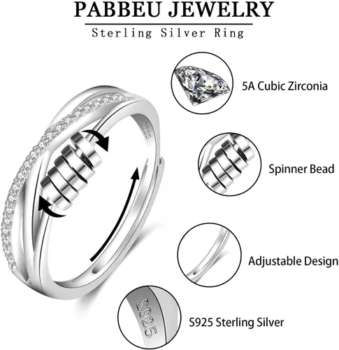 Vista 2 de PABBEU Anillo de ansiedad para mujer de plata de ley 925, anillo giratorio con circonita cúbica ajustable, anillo antiestrés para mujer