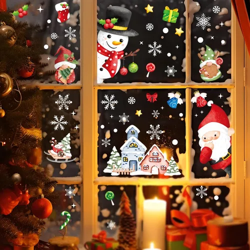 Vista 4 de AOWDIAO Decoraciones de Navidad, 210 unidades de adhesivos de ventana de Navidad para vidrio de doble cara, reutilizables, lindas calcomanías