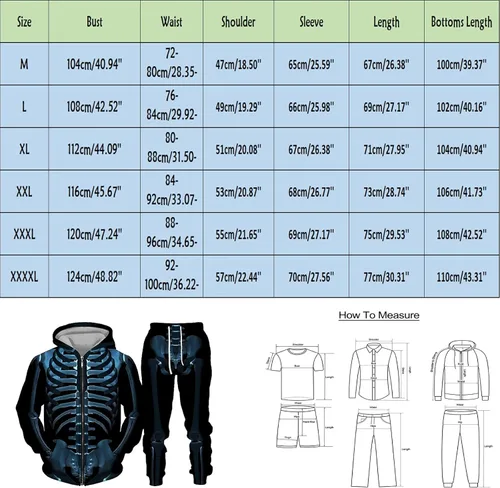 Vista 4 de Vickyleb Conjunto de sudadera con capucha de Halloween para hombre, estampado de esqueleto, cremallera completa, casual, sudadera de Halloween