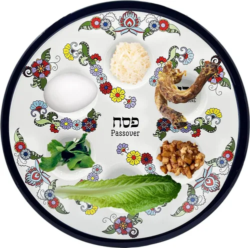 Vista 2 de The Dreidel Company Plato de cerámica Seder con diseño renacentista para Pascua, 12 pulgadas de diámetro, color azul (diseño floral turquesa)