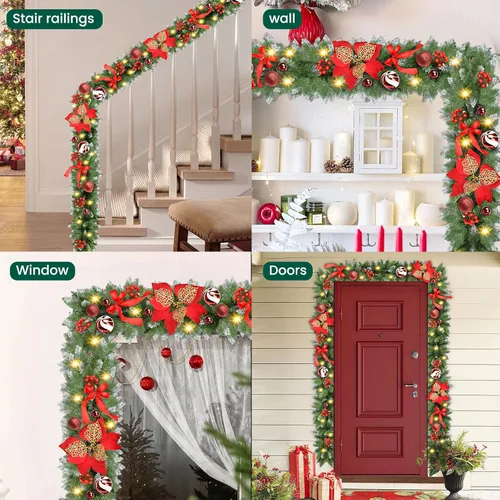 Vista 6 de Guirnalda de Navidad con luces, guirnalda de Navidad preiluminada de 9 pies con 30 luces LED para repisa, decoración de Navidad para interiores