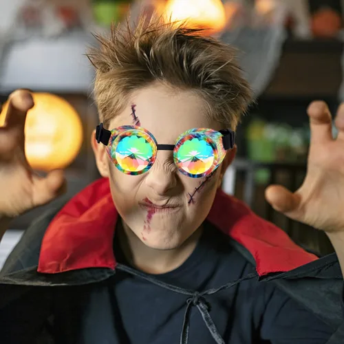 Vista 76 de Gafas de caleidoscopio retro con pinchos, gafas de cristal arcoíris steampunk estilo soldadura, gafas de cosplay punk