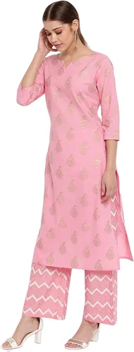 Vista 4 de Janasya Kurta de algodón rosa con palazzo para mujer, Rosado