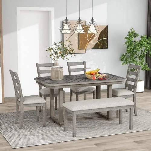 Vista 2 de JIVOIT Juego de mesa de comedor rústica de 6 piezas con hermoso patrón de grano de madera, juego de cocina de madera maciza con mesa de comedor