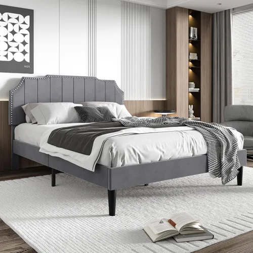 Vista 3 de VECELO Base de cama tapizada de tamaño matrimonial con cabecera ajustable copetuda, base de colchón, soporte de listones de madera, fácil montaje