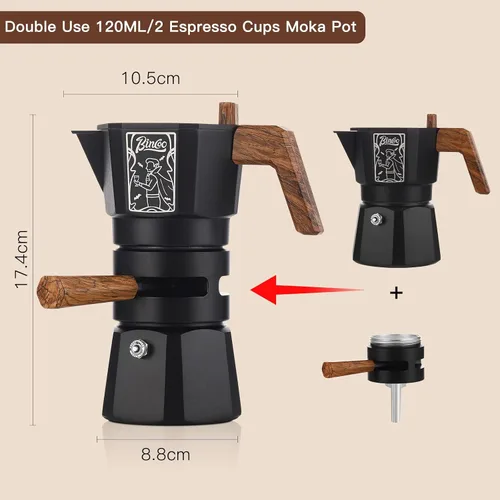 Vista 7 de Bincoo Máquina de café expreso de 4.1 fl oz, doble válvula, olla moka con extractor de termostato, evita la extracción excesiva, olla italiana