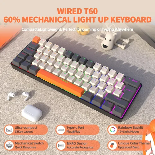 Vista 2 de ZIYOU LANG T60 Teclado mecánico para juegos con cable 60% TKL con retroiluminación LED arco iris, ultra compacto, interruptor táctil NKRO