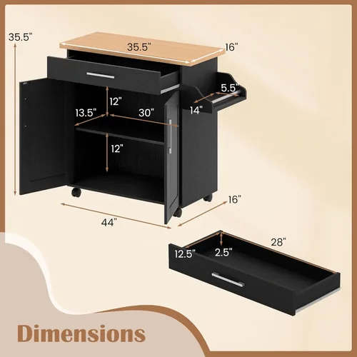 Vista 4 de Giantex Isla de cocina, carrito de cocina rodante con estante para especias y toallero, cajón grande y armario de almacenamiento de 2 puertas