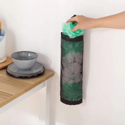 Vista 2 de Soporte para bolsas de plástico, 2 piezas de poliéster para bolsas de comestibles, dispensador de plástico, plegable, transpirable, lavable