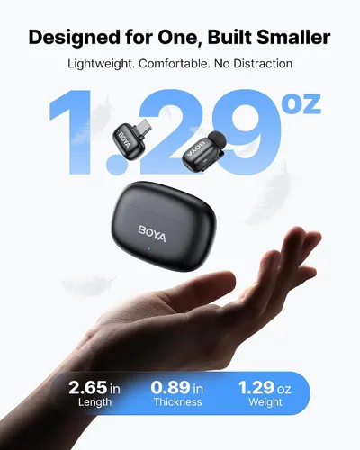 Vista 3 de BOYA Mini 2 Micrófono inalámbrico Lavalier para iPhone 15-17/Android, cancelación de ruido, control de aplicaciones, 48 kHz/24 bits, mini micrófono