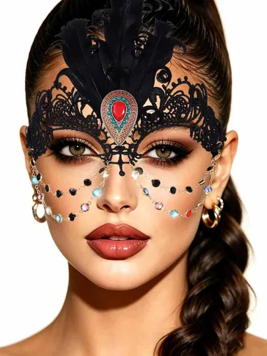 Vista 11 de Yalice Máscaras de encaje con strass para mujer, máscara de media cara con destellos para fiesta de disfraces