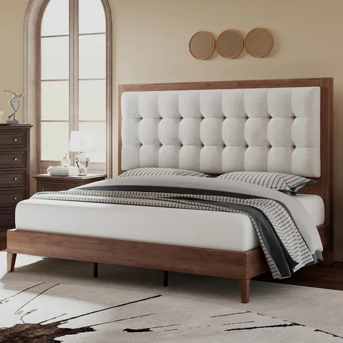 Vista 10 de Jocisland - Base de cama matrimonial de madera maciza, cabecera tapizada de 50 pulgadas de alto, color gris ceniza