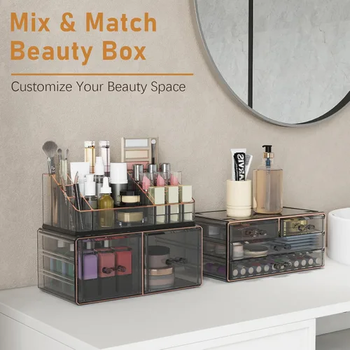 Vista 7 de Delamu Organizador de maquillaje de 3 niveles y 6 cajones para encimera, organizador de cosméticos para tocador y tocador, organizador de baño, Negro