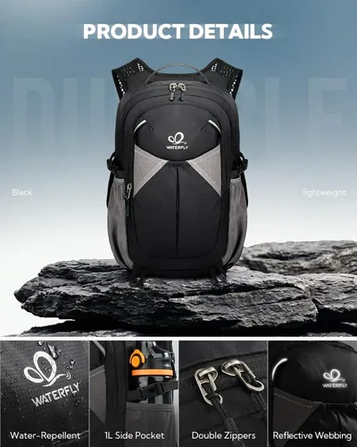 Vista 4 de WATERFLY Mochila pequeña y ligera con bolsillo para teléfono con correa Negro