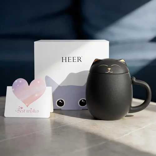 Vista 2 de HEER Taza de té para gatos con infusor y tapa, taza de té de cerámica de 13.5 onzas, regalo para amantes de los gatos para amigos y familia (negro)