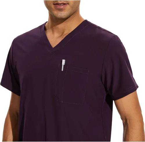 Vista 4 de COZYFIT Conjunto de ropa quirúrgica para hombre camiseta elástica con cuello en V y pantalón deportivo con 8 bolsillos, cintura de yoga, ropa