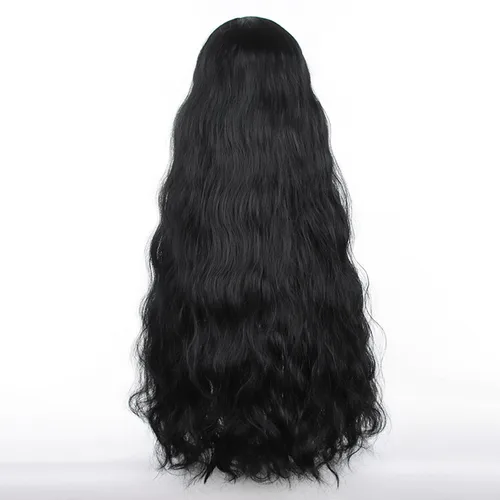 Vista 5 de Peluca para cosplay, disfraz de anime, pelo largo, cabello ondulado negro con flequillo y para mujer, fiesta familiar de Halloween Isolda