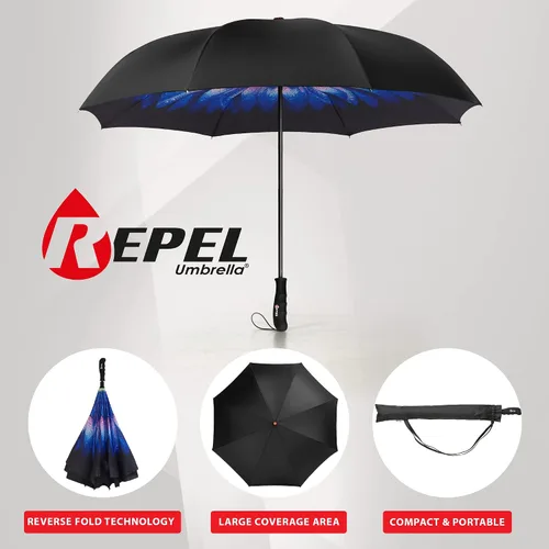 Vista 2 de Repel Umbrella Inverted Umbrella for Rain - Windproof Reverse Umbrella w 8 Fiberglass Reinforced Ribs - Easy OpenClose Upside Down Umbrella - Large