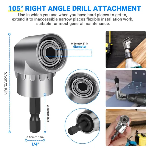 Vista 5 de Juego de extensión de broca flexible de 19 piezas, vástago hexagonal de 105 ° de ángulo recto, 3 piezas de adaptador universal de enchufe de 1/4 3/8