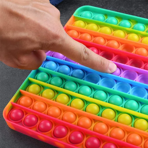Vista 4 de Juguetes sensoriales para ansiedad de gran tamaño, 7.87 pulgadas, 100 burbujas, juguetes grandes de silicona para aliviar la presión, color arcoíris