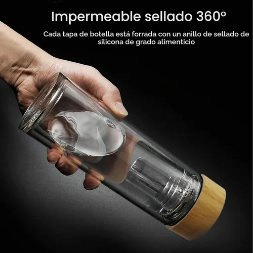 Vista 5 de Botella de té COMI, 14 oz, vidrio de borosilicato, de doble pared, con infusor y colador, tapa de bambú, 400ml