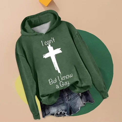Vista 2 de Sudaderas con capucha para mujer, moda de otoño 2023, I Can't But I Know A Guy con cuello redondo, holgada, de moda 2023