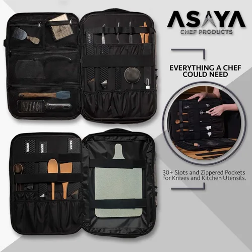 Vista 11 de Asaya Mochila para cuchillos de chef con bolsa enrollable de 20 bolsillos, más de 30 bolsillos para cuchillos, cuchillos no incluidos (marrón)