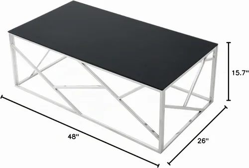 Vista 2 de Mesa de centro rectangular moderna de vidrio con parte superior de cristal templado negro y marco de acero inoxidable para sala de estar