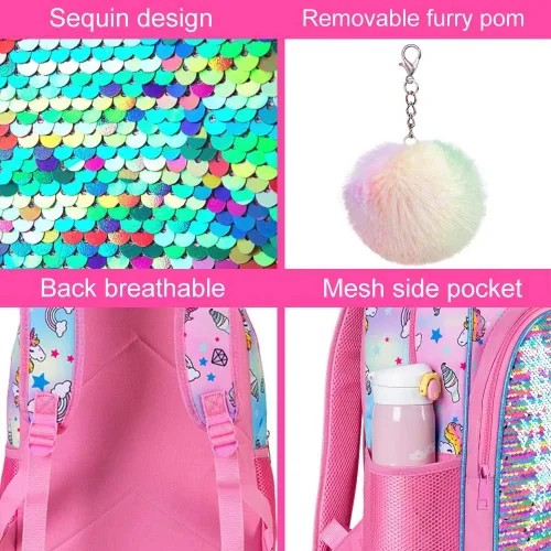 Vista 5 de 3 mochilas infantiles para niñas, 16 pulgadas, preescolar y lonchera - Unicorniosirenaflamenco