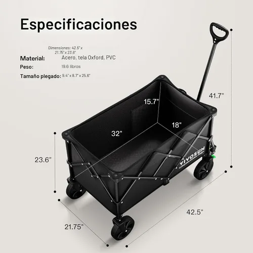 Vista 7 de Vivosun - Carrito de servicio plegable de alta resistencia para campamento, jardín, intemperie, ruedas universales y mango ajustable, negro
