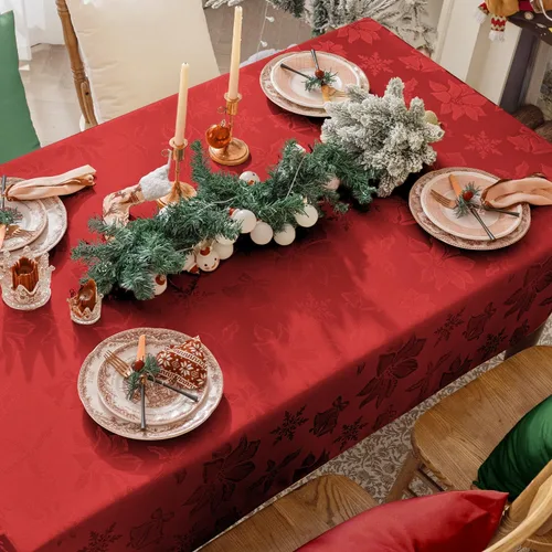 Vista 3 de Softalker: Mantel de Navidad de jacquard, mantel rectangular vintage de damasco de invierno, mantel impermeable de poliéster con copo de nieve
