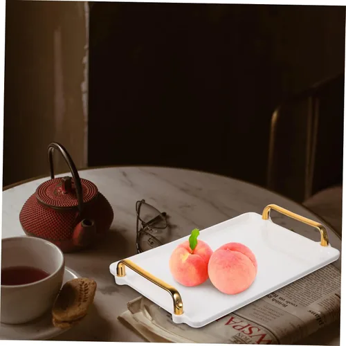 Vista 2 de KICHOUSE Bandeja de almacenamiento de plástico con asas para mesa de café, juego de té, desayuno, comida rápida, bandeja rectangular elegante