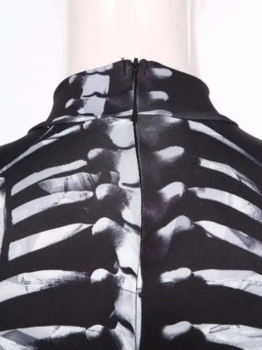 Vista 6 de Disfraz de Halloween para mujer, diseño de esqueleto, manga larga, elástico, minivestido casual
