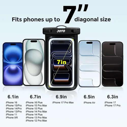 Vista 2 de JOTO Funda universal impermeable de hasta 7 pulgadas para iPhone 17 Air 16 15 14 13 12 11 Plus Pro Max, IPX8 bolsa seca para teléfono celular XR X