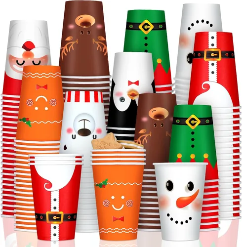 Vista 11 de Zhehao 200 Piezas Vasos de Papel de Navidad Xmas Vasos Desechables de Café 9 oz Santa Muñeco de Nieve Alce Vasos Desechables de Papel de Navidad