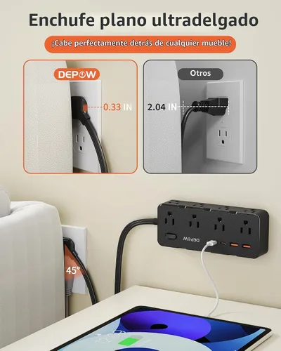 Vista 4 de Regleta de alimentación de 3 pies, cable de extensión con 8 salidas de CA + Negro