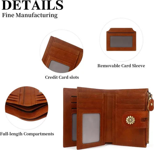 Vista 8 de Cartera de cuero con doble pliegue para mujer, bloqueo RFID, tarjetero compacto, cartera pequeña con ventana para identificación extraíble, A1