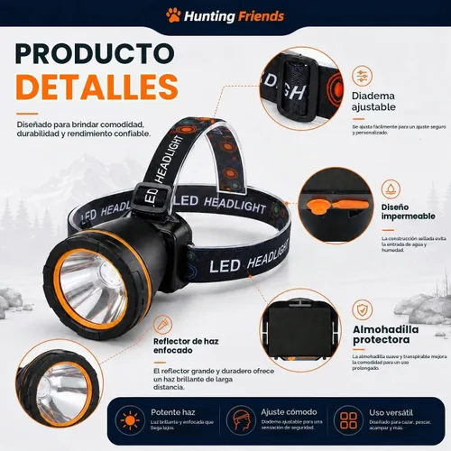 Vista 3 de 20W Lámpara frontal súper brillante para caza de mapaches, lámpara frontal LED de alto lúmen con 2 modos de luz, resistente al agua y recargable