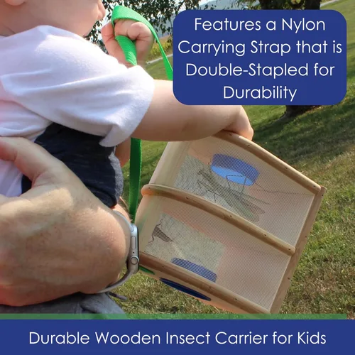 Vista 3 de Caja de insectos de madera para niños, hábitat de insectos de doble cámara con correa de transporte de nailon
