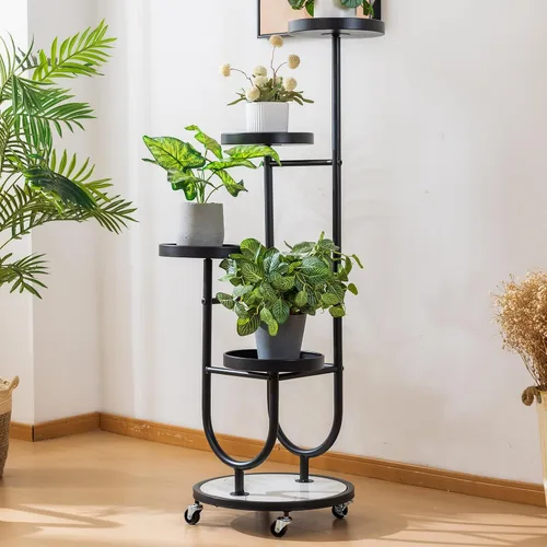 Vista 2 de CHPHI Soporte para plantas de hierro forjado de 4 niveles para interiores, estante alto de metal para múltiples plantas, soporte de metal con ruedas
