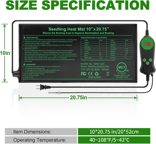Vista 7 de Tapete térmico para plantas de semillero con controlador de temperatura integrado, 10 x 20.75 pulgadas, impermeable, con termostato certificado MET