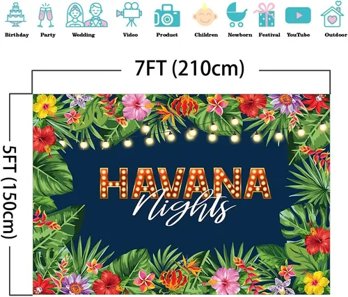 Vista 4 de Mocsicka Telón de fondo de Noches de La Habana Tropical Nights para adultos, hojas de palma hawaianas, decoración de mesa para tartas, decoración