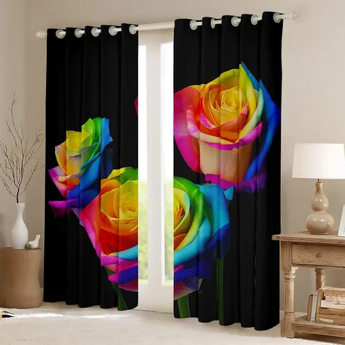Vista 2 de Feelyou Cortinas de ventana de rosas para decoración de dormitorio, rosas de arco iris, cortinas de ventana florales para parejas, amantes de ramo